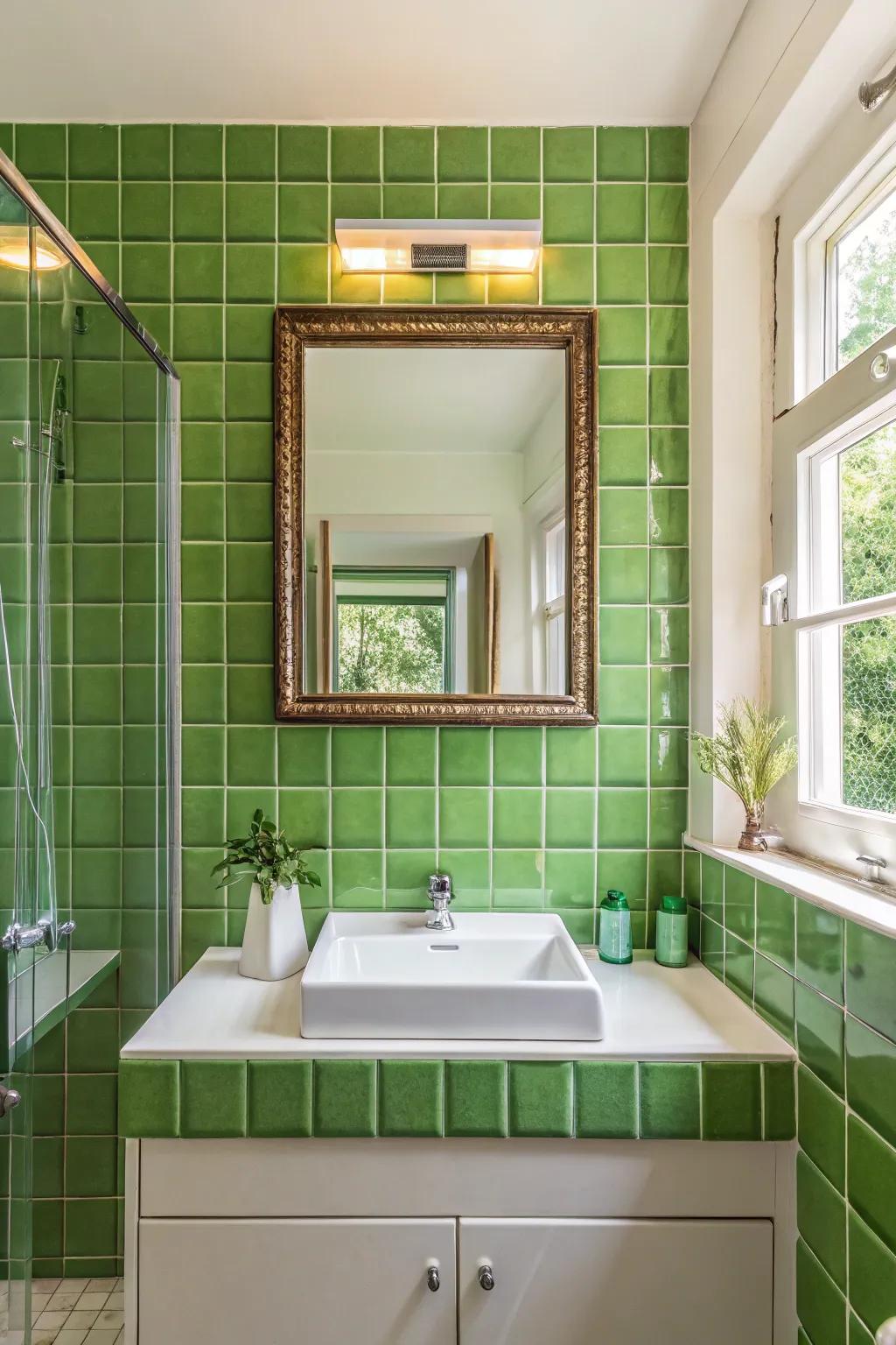 Encased reflective surfaces in green tiles offer artistic flair.