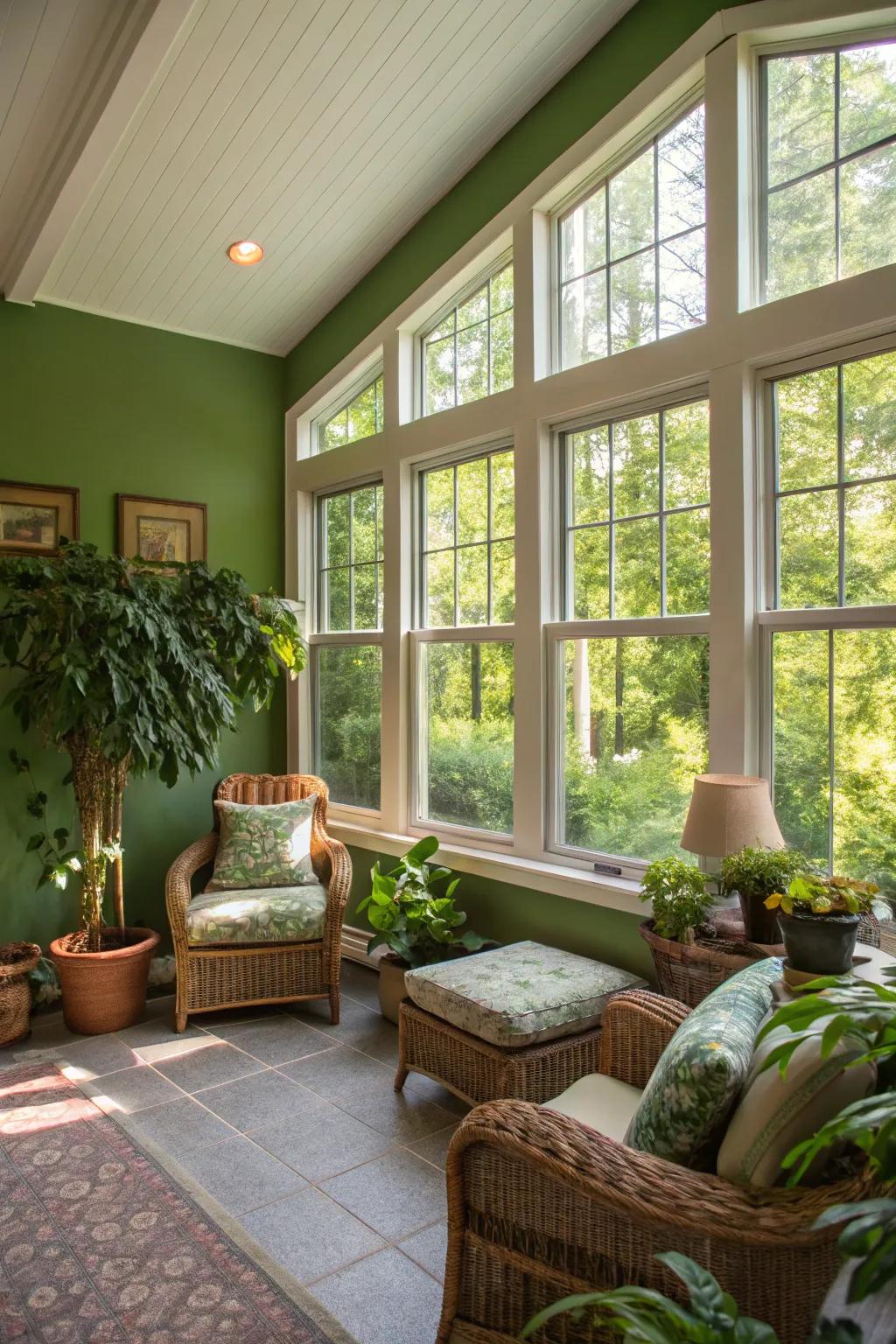 A sunlit space where a green wall thrives and brightens up the area.