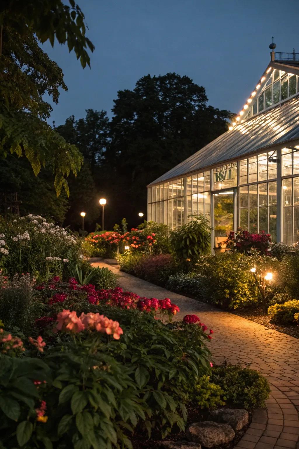 Built-in lights turn a greenhouse into a nighttime escape.