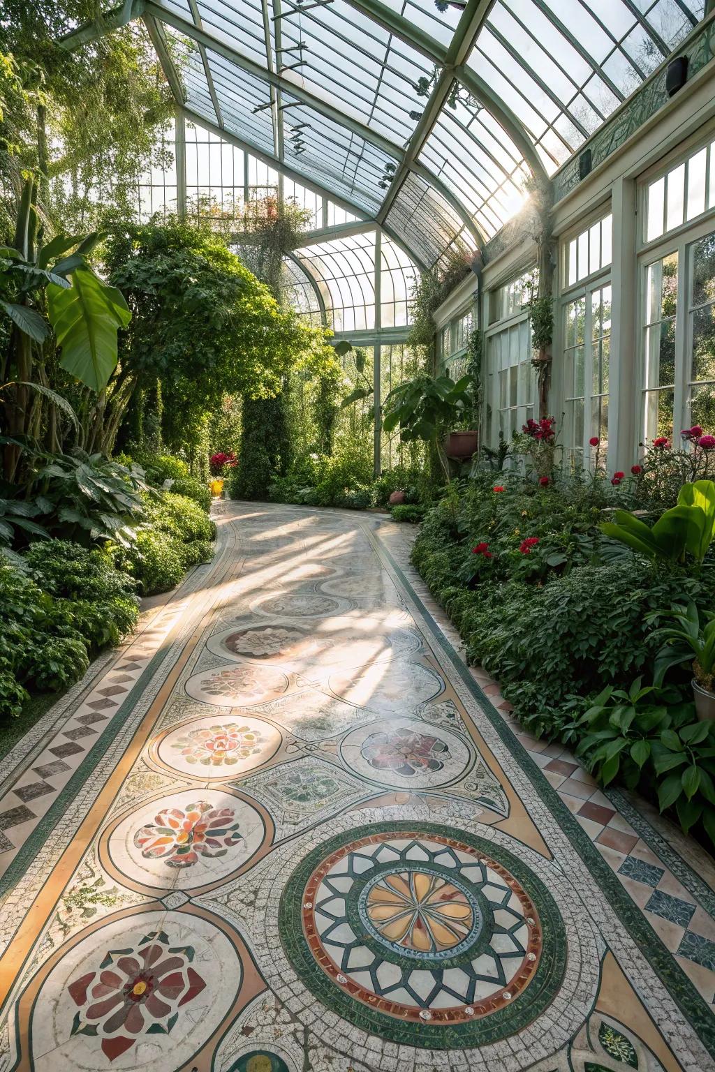 Mosaic motifs convert your greenhouse floor into a piece of art.