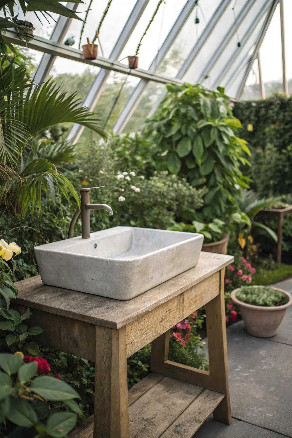 A do-it-yourself cement sink offers a modern touch to any greenhouse.