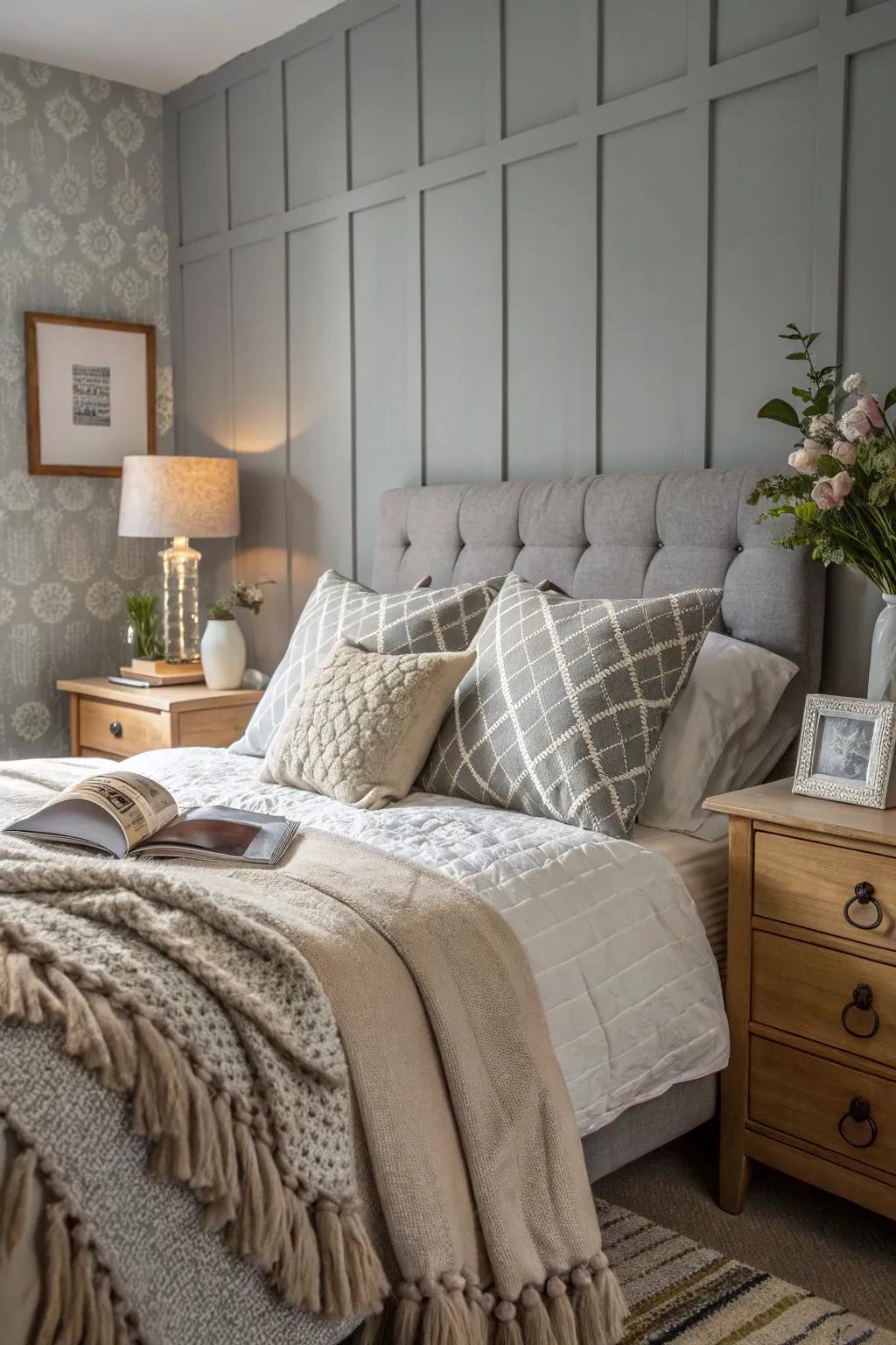 Layered textures complement this grey feature wall beautifully.