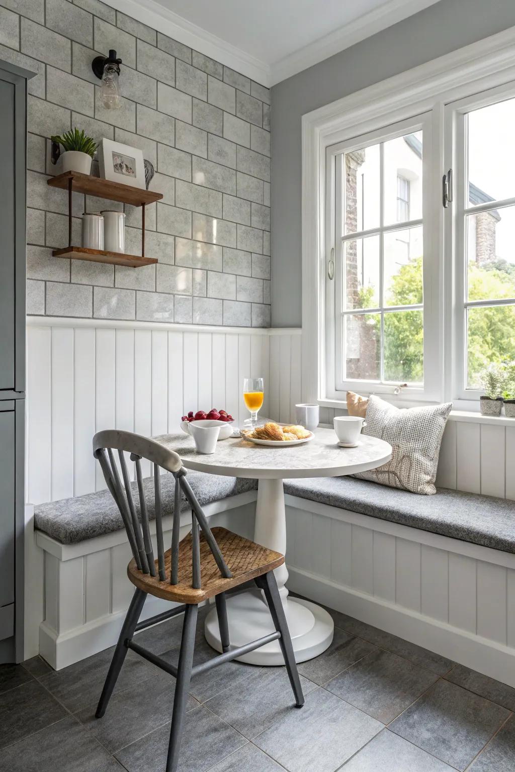 Cozy breakfast nook in grey and white tones