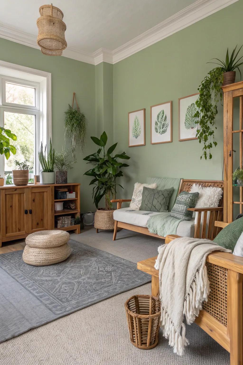 Verdant walls offer a relaxing backdrop with grey floor coverings.