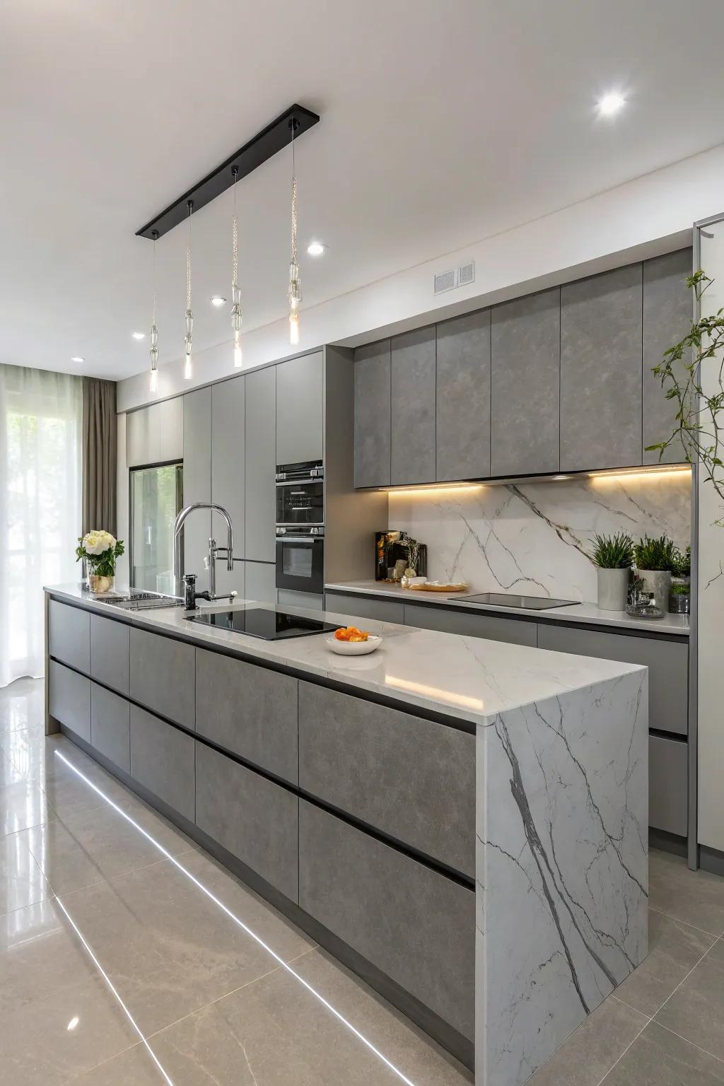 A kitchen showcasing the elegant waterfall edge of the grey countertops.