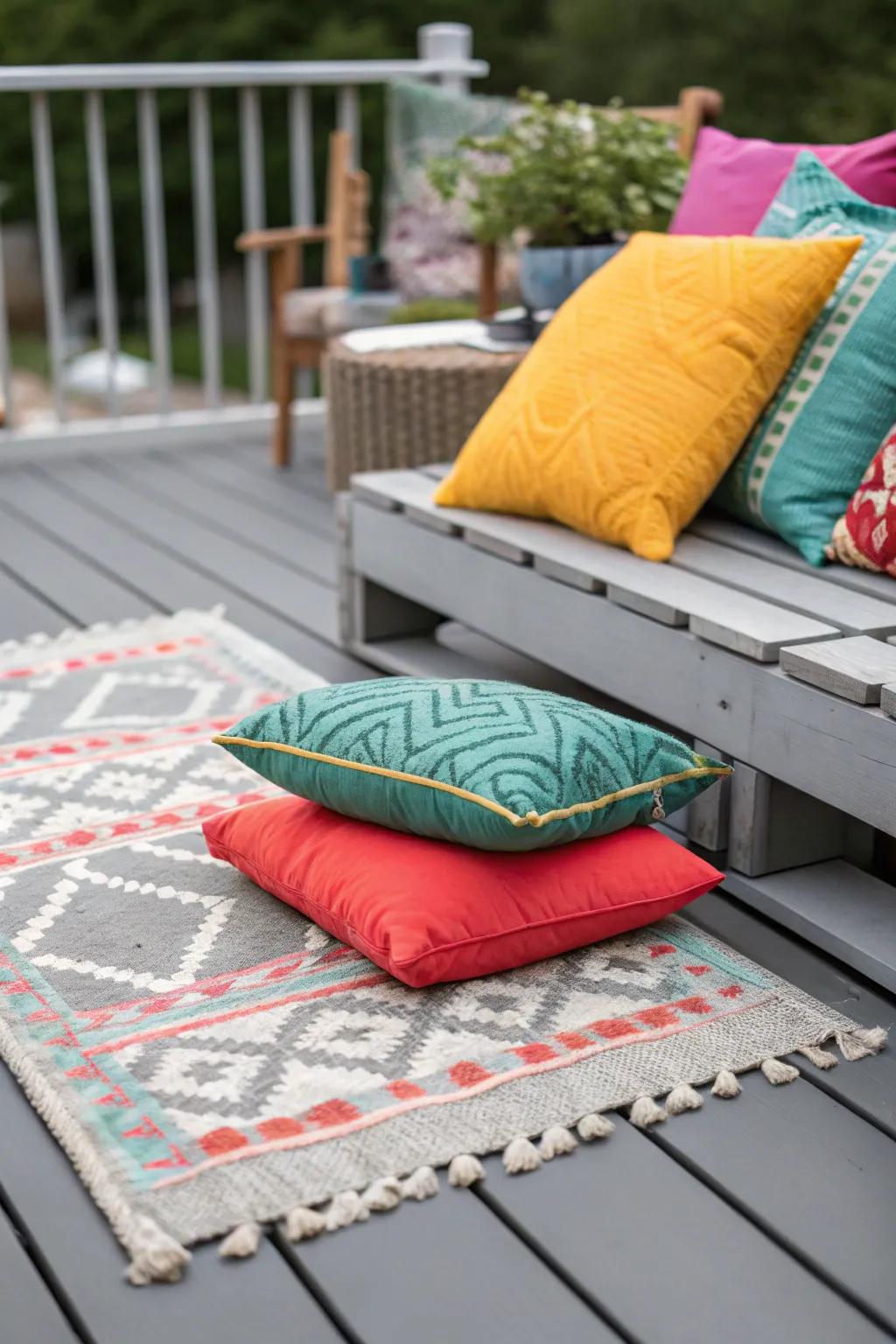 Contrasting accents enhancing the charm of a grey deck.