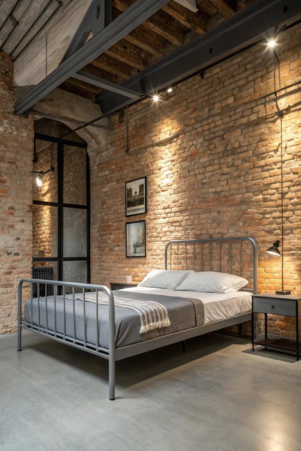 Grey metal furniture paired with brick walls conjures a strong industrial vibe.