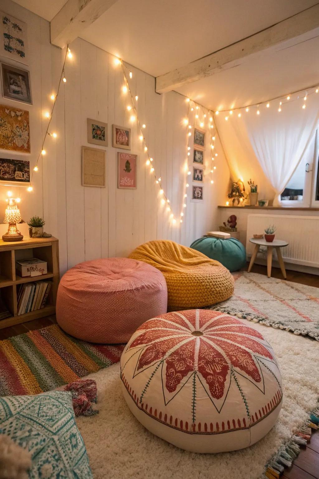 Retro ground-level seating fashions a relaxed and inviting atmosphere.