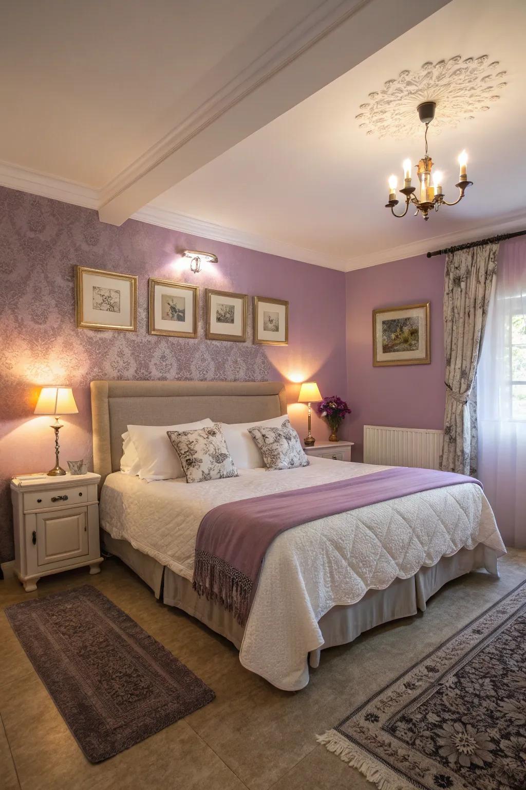A calming guest room featuring soothing purple tones.