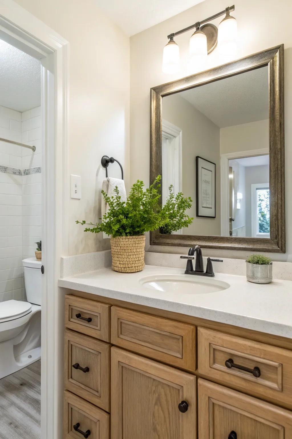 Greenery introduces a dash of nature into your powder room.