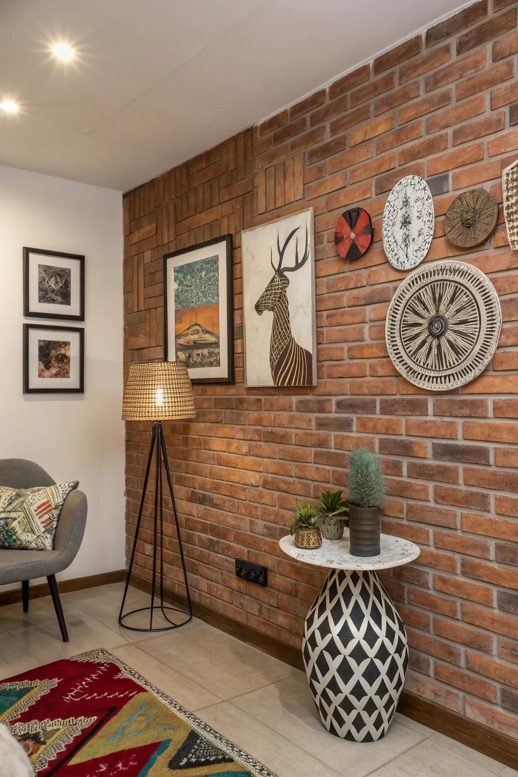 An imaginative room showcasing unique art and a brick veneer.