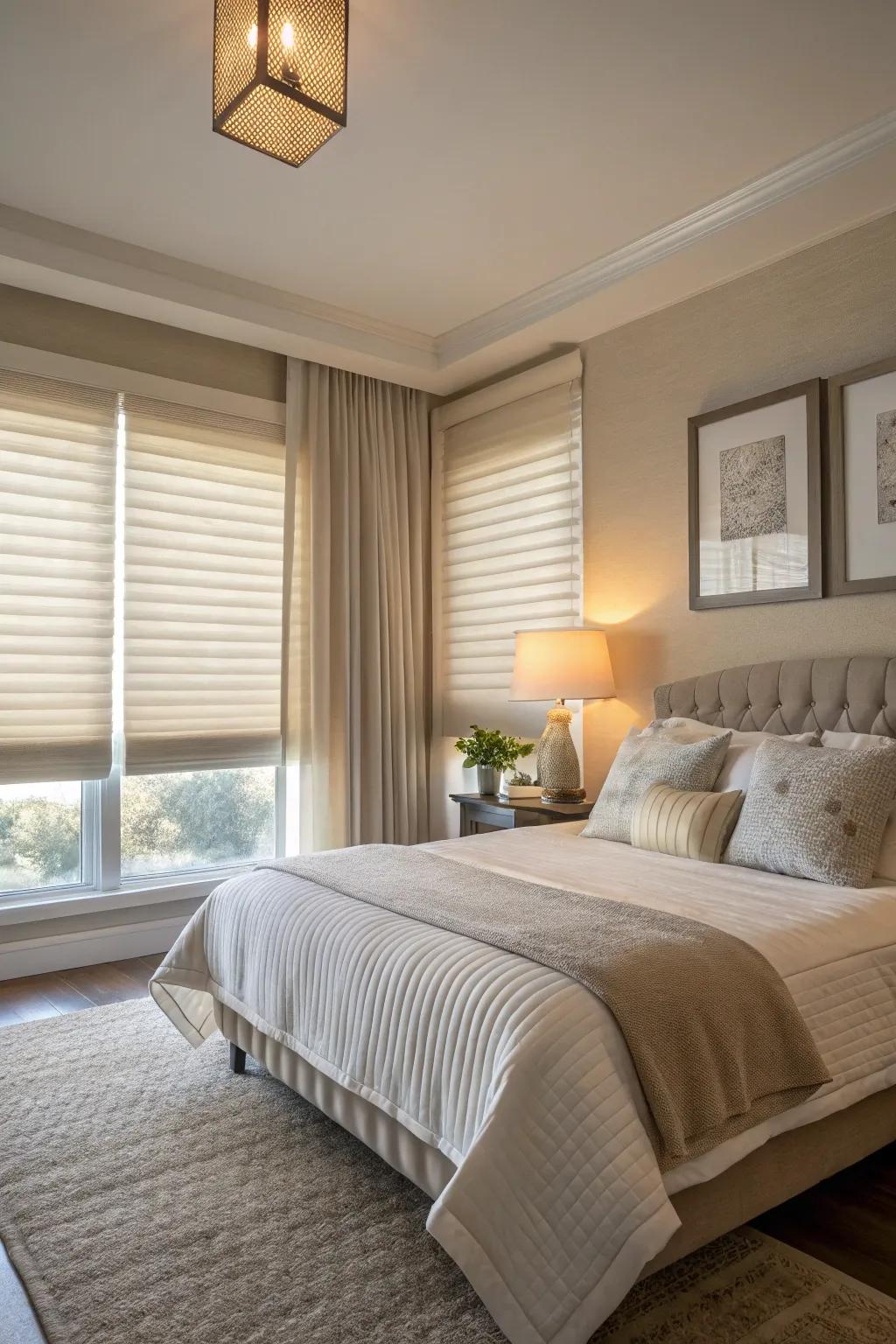 A serene bedroom is enhanced with subdued textured window treatments.
