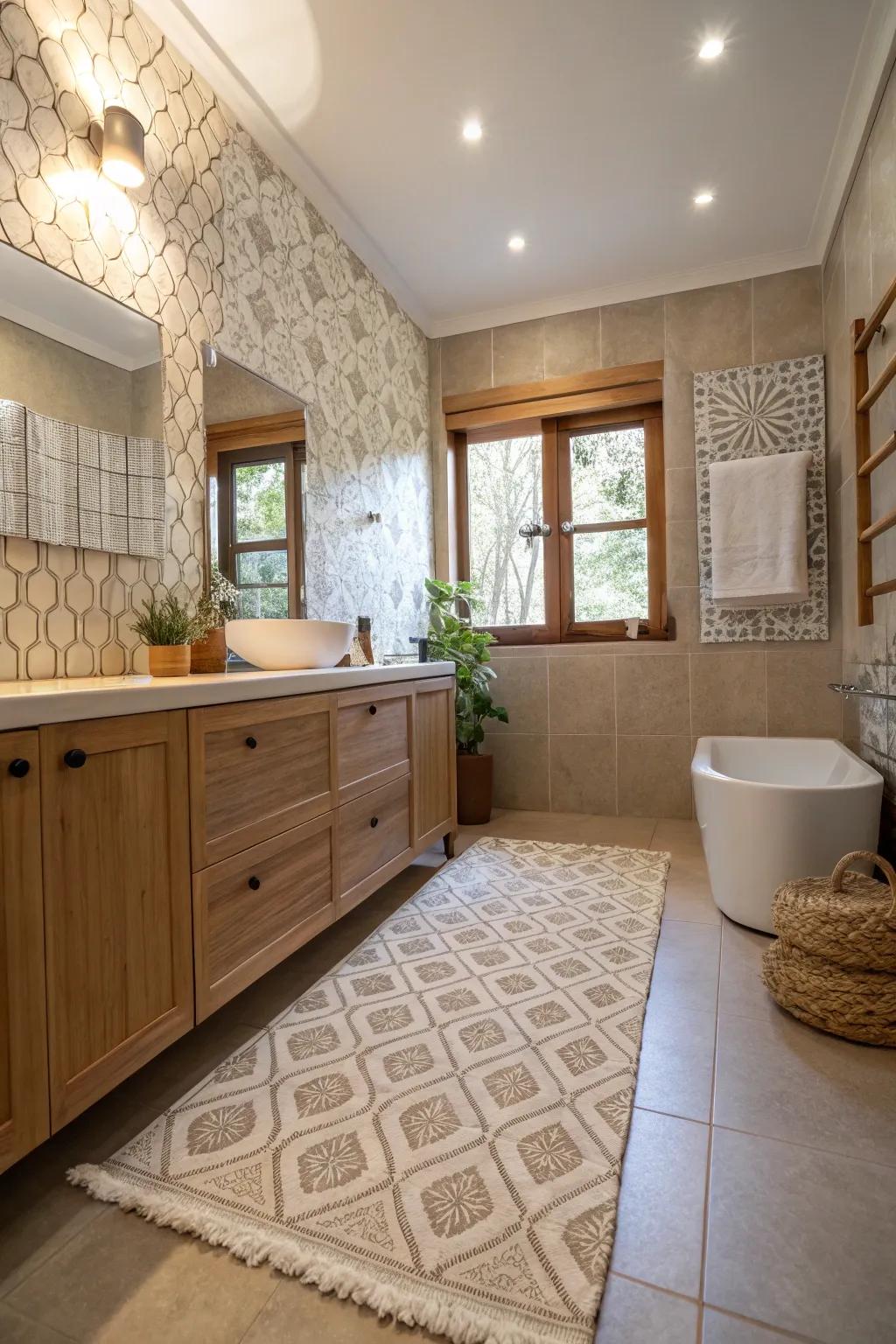 Layered surfaces add depth to this bathroom's design.