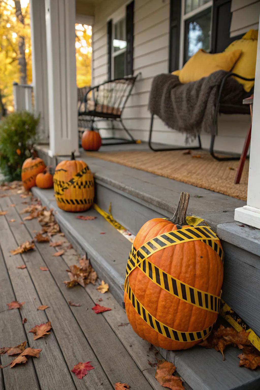 Gourds encircled in hazard ribbon for a spooky impact.
