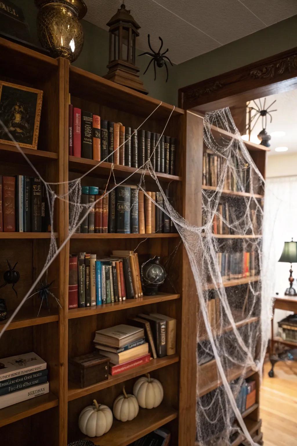 Arachnid webs introduce an eerie atmosphere.