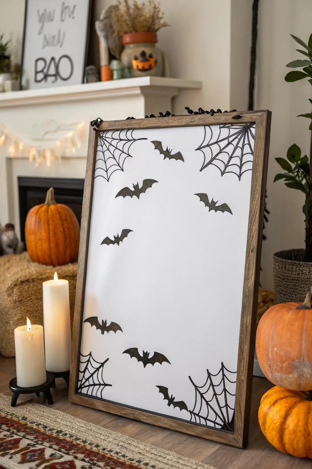 A vibrant flittering mammal perimeter gracing a Halloween whiteboard.