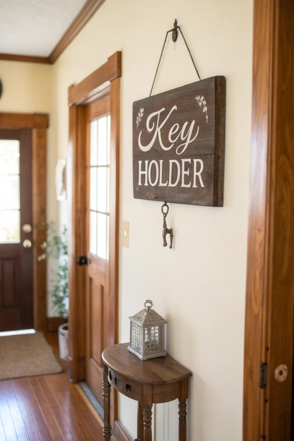 A vintage key holder sign that provides both organization and style.