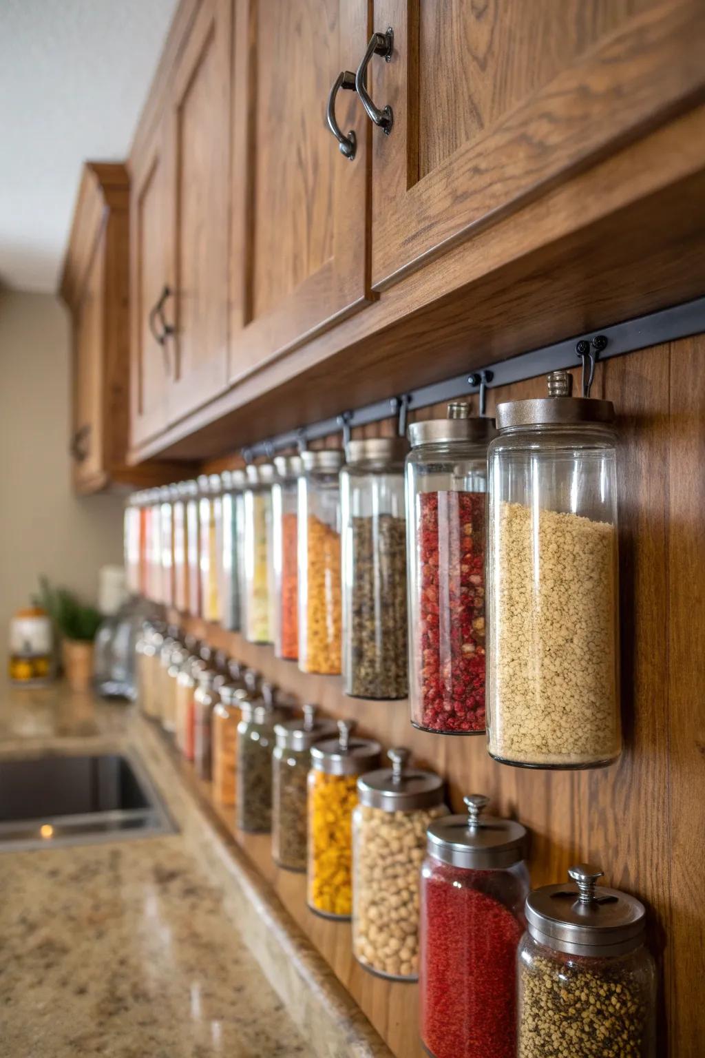 Hanging jars present a quaint storage option for kitchen must-haves.