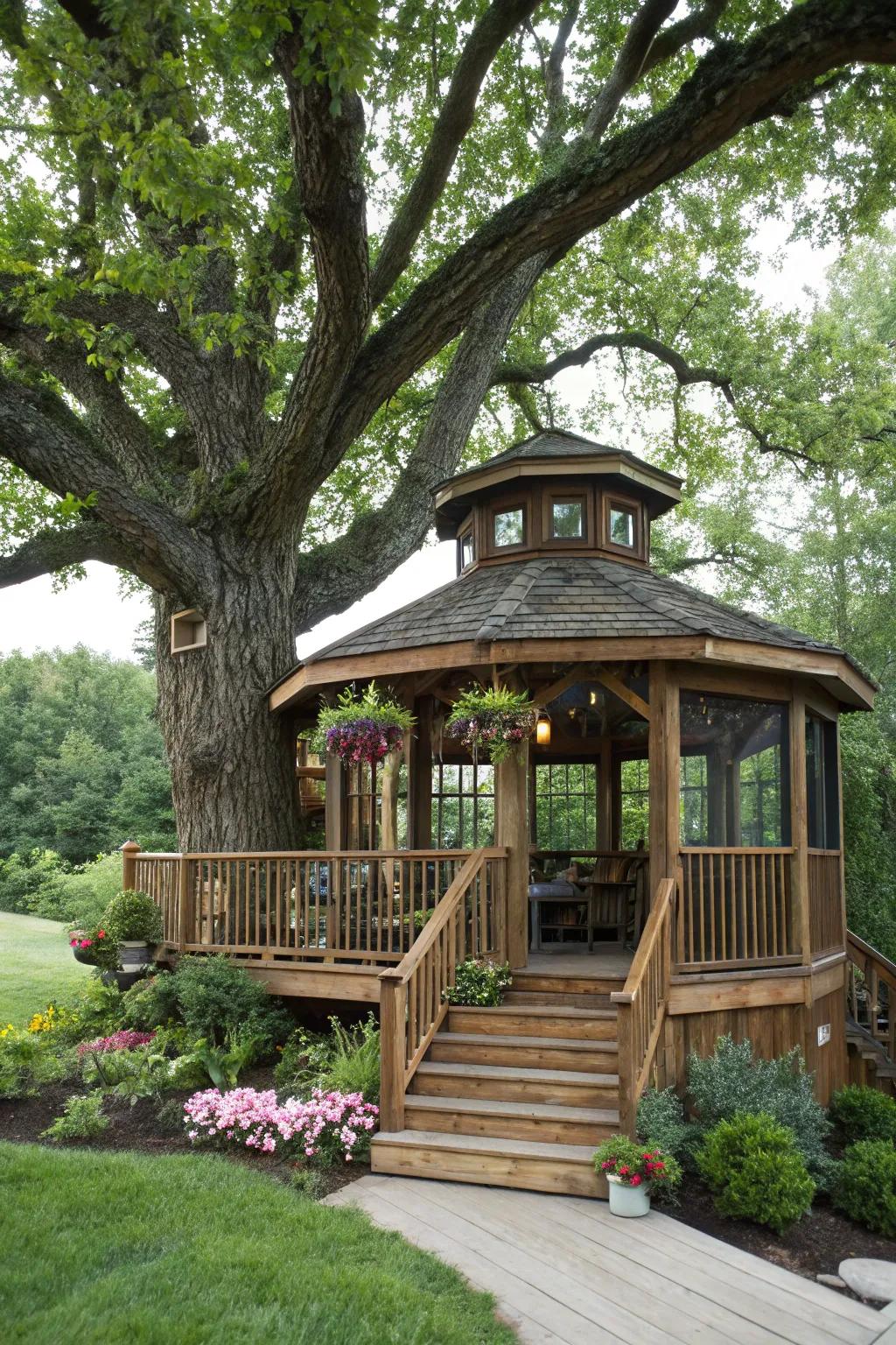 Bring childhood fantasies to fruition with a treehouse-style gazebo.