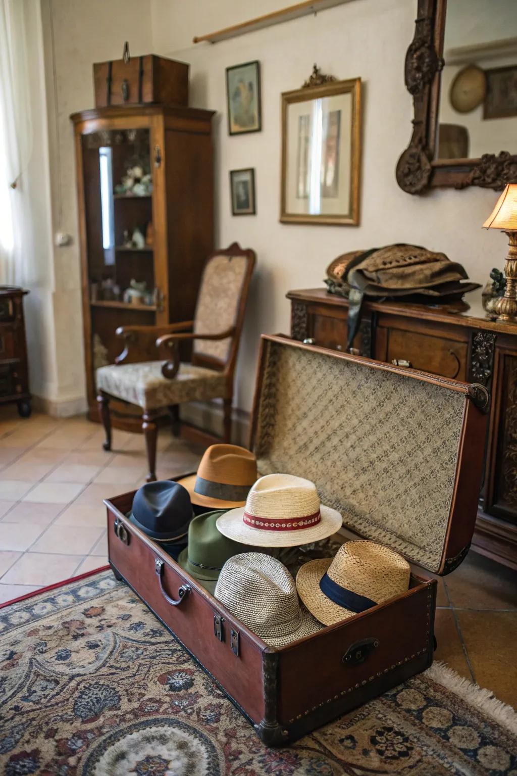 Hats stored inside a vintage travel case.