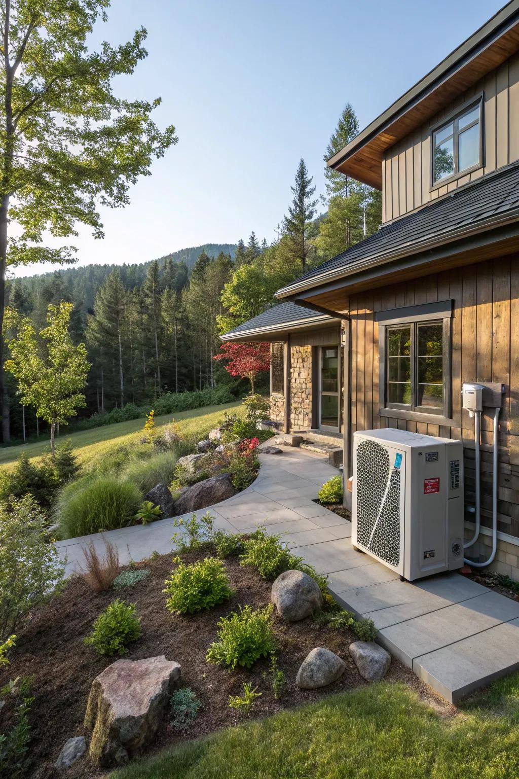 A residential exterior showcasing a subterranean warmth exchanger system, complementing the natural setting.