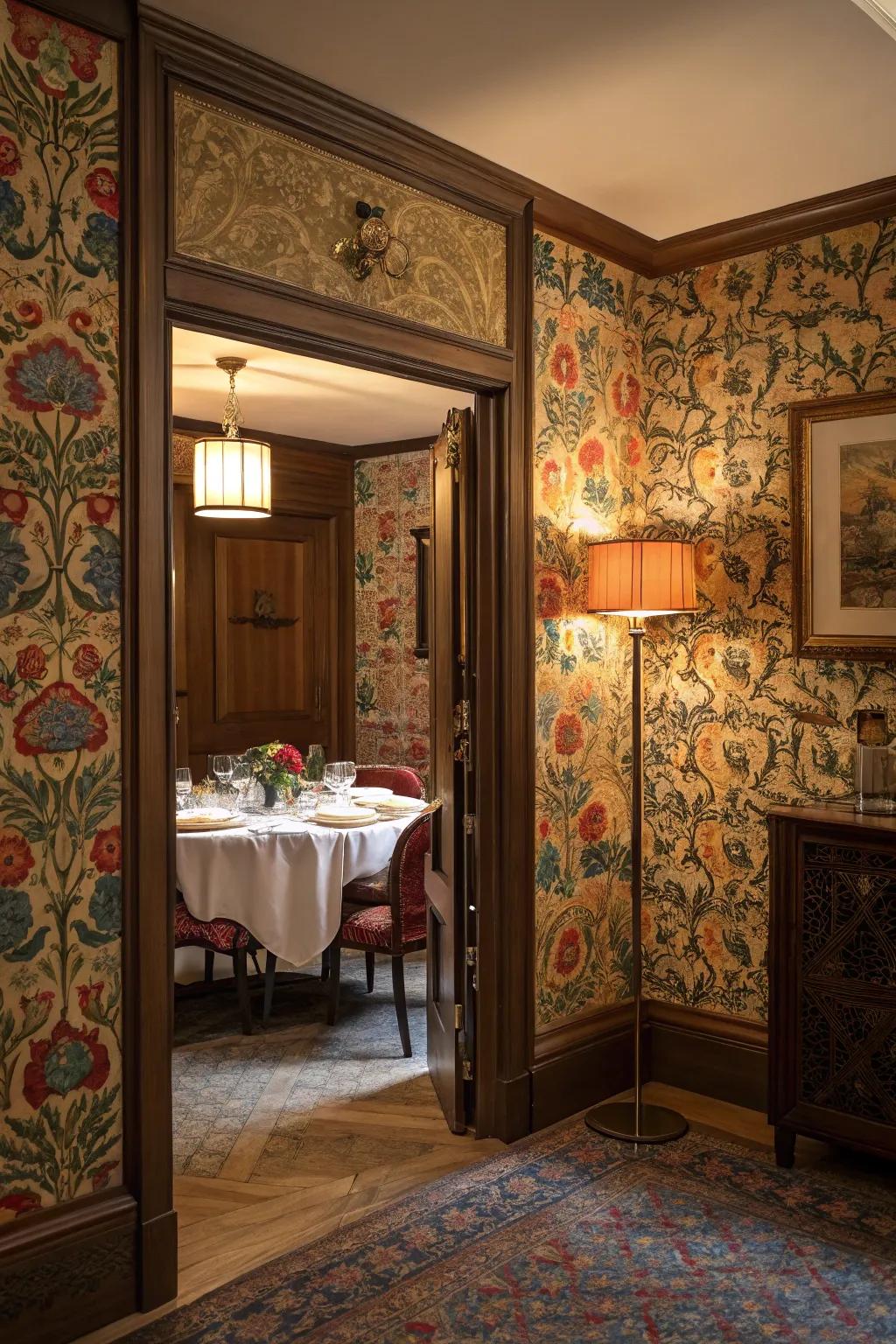A dining area featuring a secret entrance camouflaged by wallpaper.