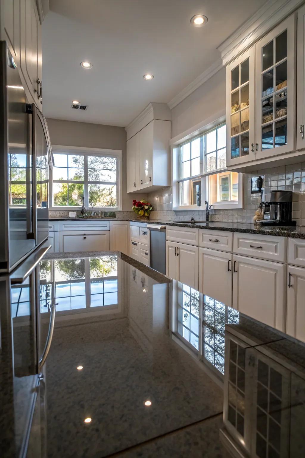 Reflective materials amplify a space, making small cooking areas feel larger.
