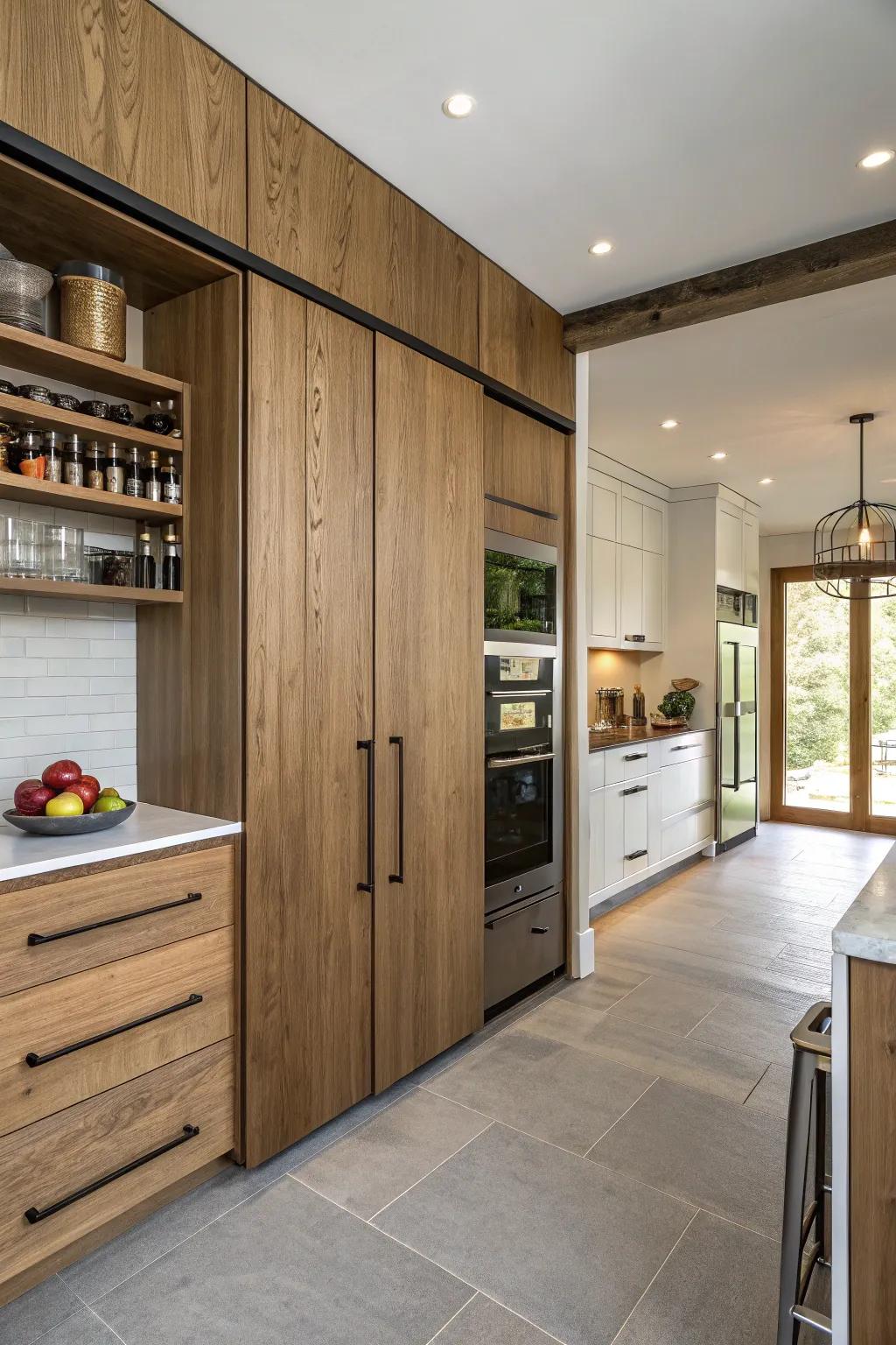 Timber and contemporary coatings concealing a secret pantry within the cooking area.