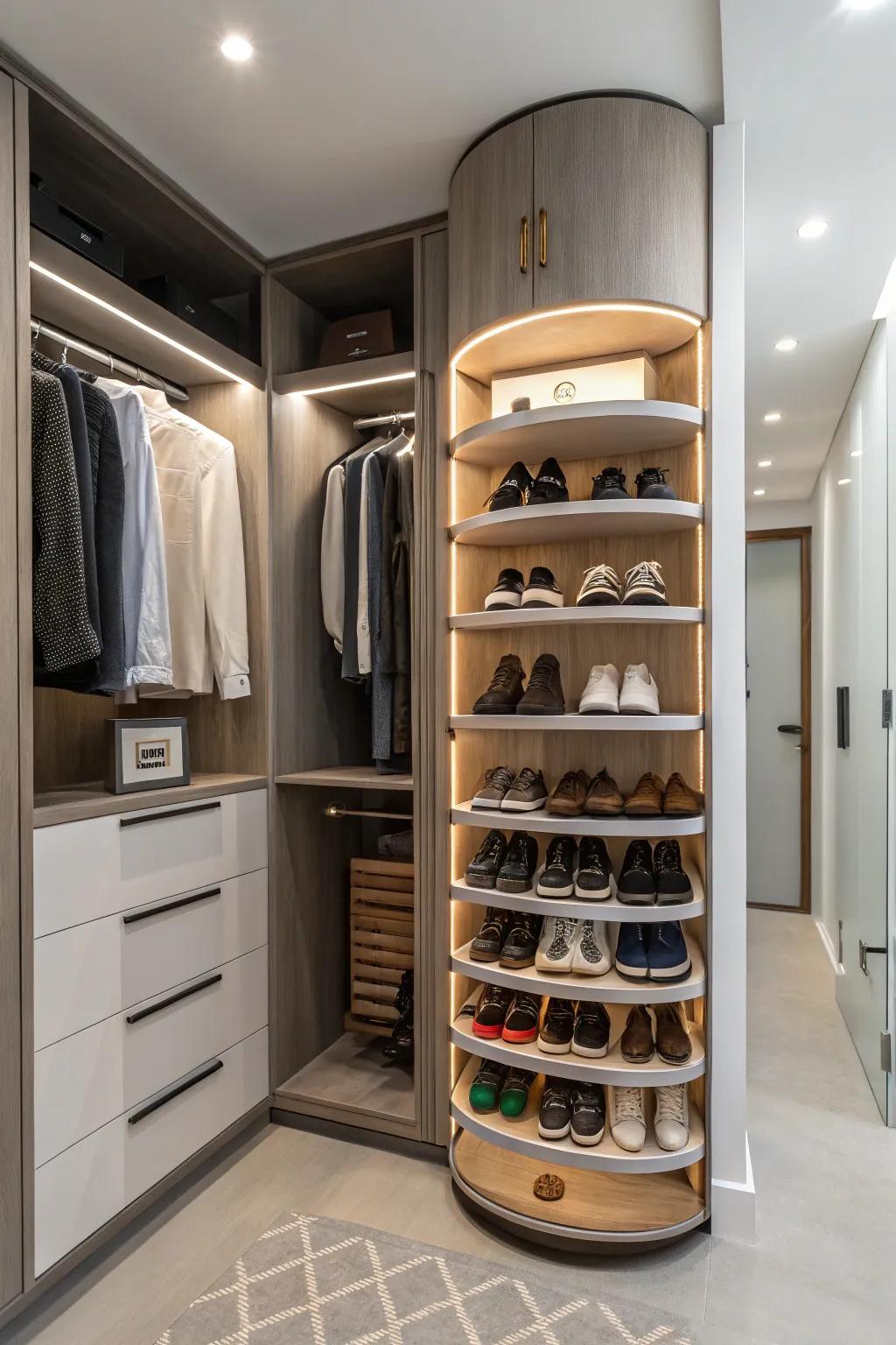 Revolving shoe racks enable easy access and streamlined storage.