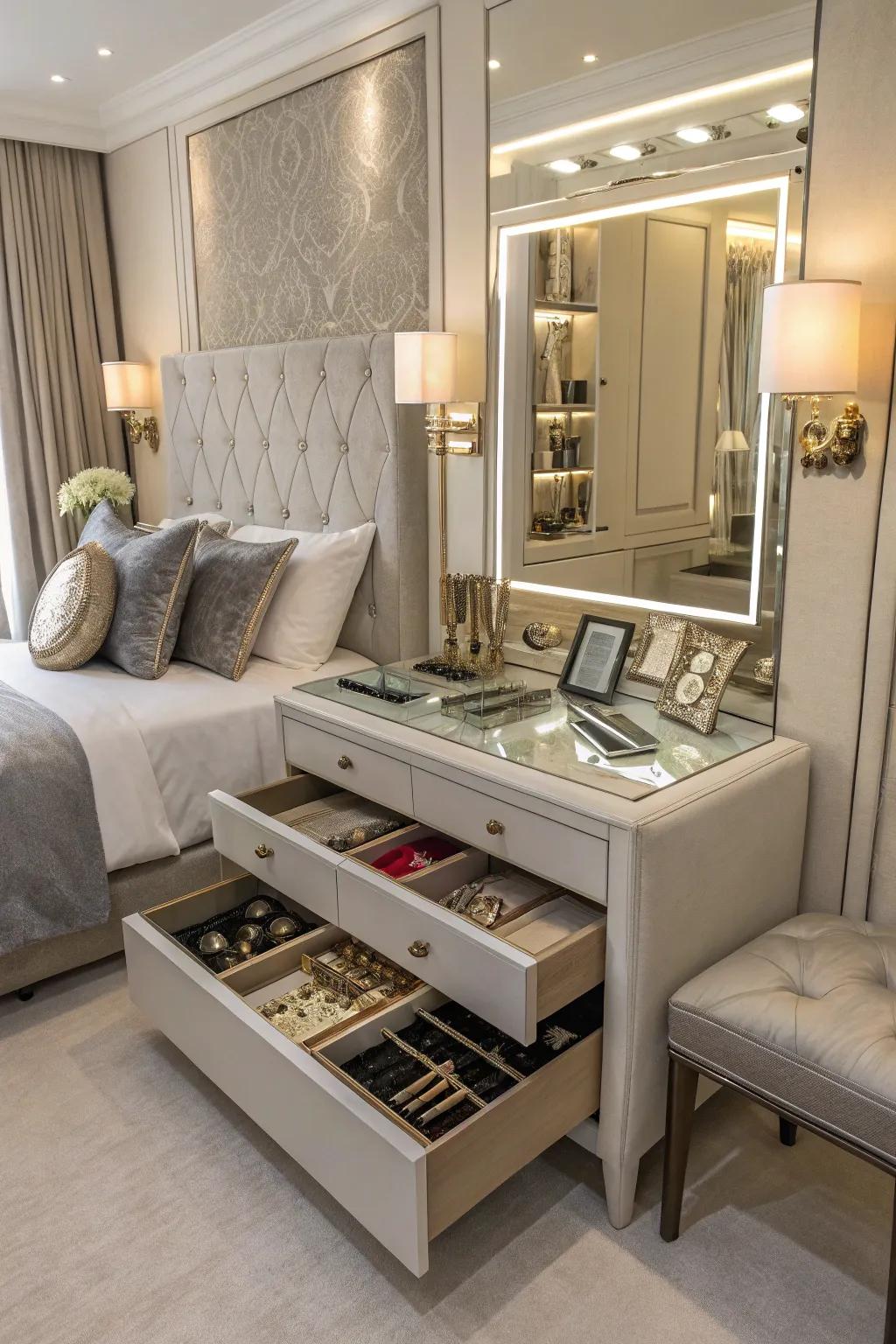 Refined mirror with concealed jewelry storage