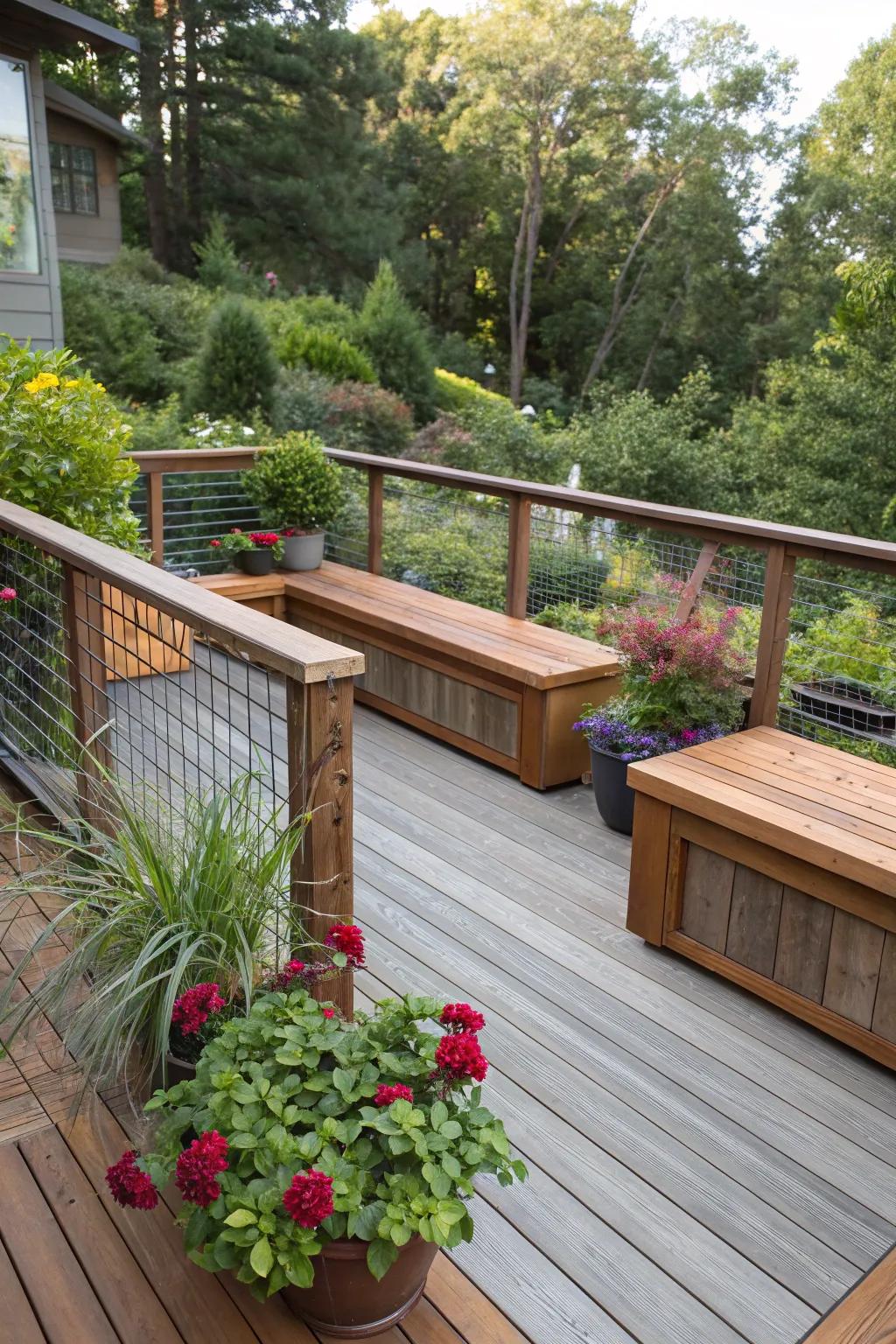 Built-in seating enhances comfort and practicality on decks.