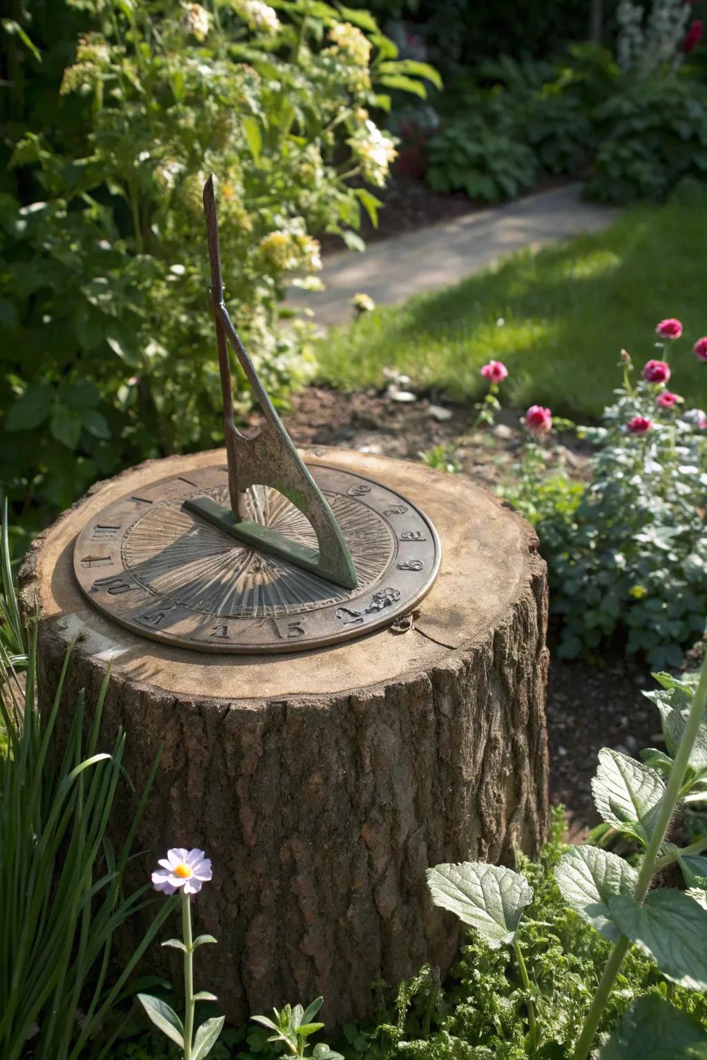 A sun tracker resting on a tree stump incorporates lasting beauty to the garden.
