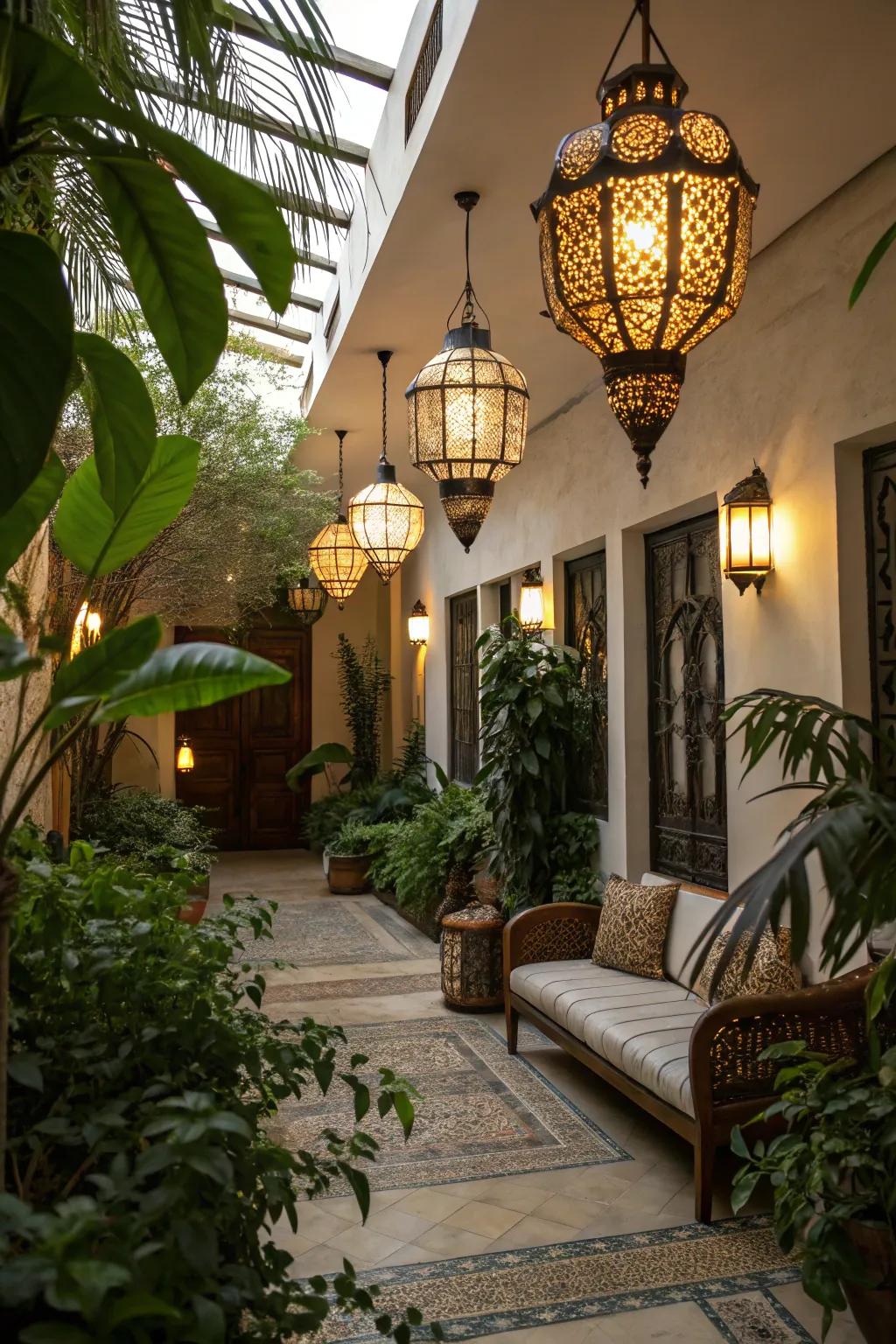 Pendant lighting introducing warmth and flair to an atrium.