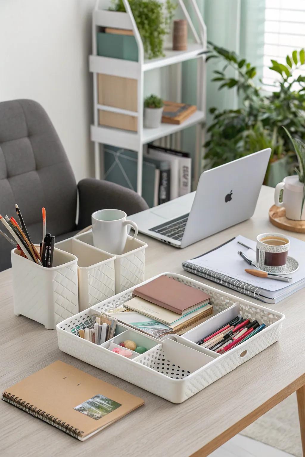 A tidy and arranged home office amplified by chic organizers.