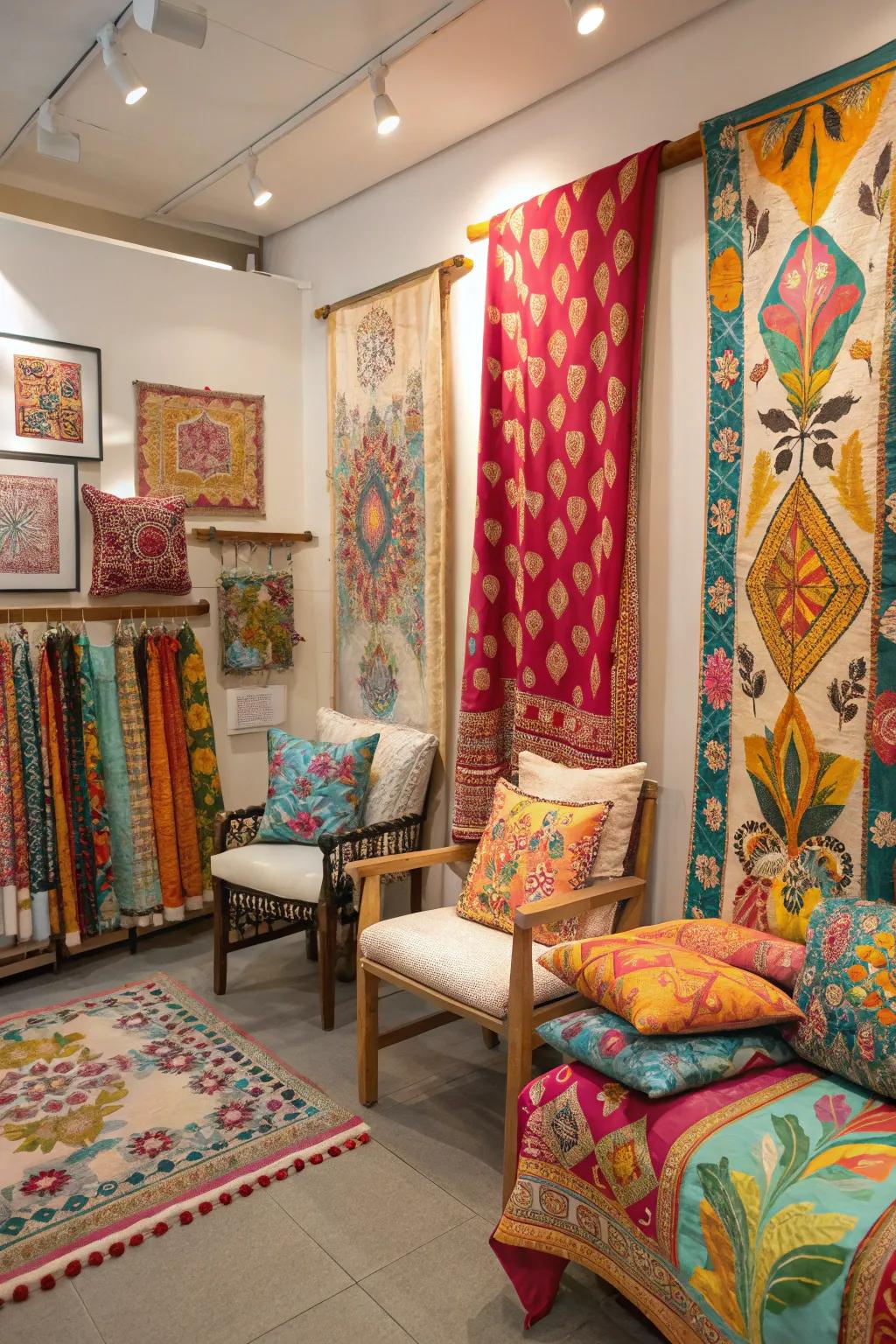 A room with vibrant textile patterns