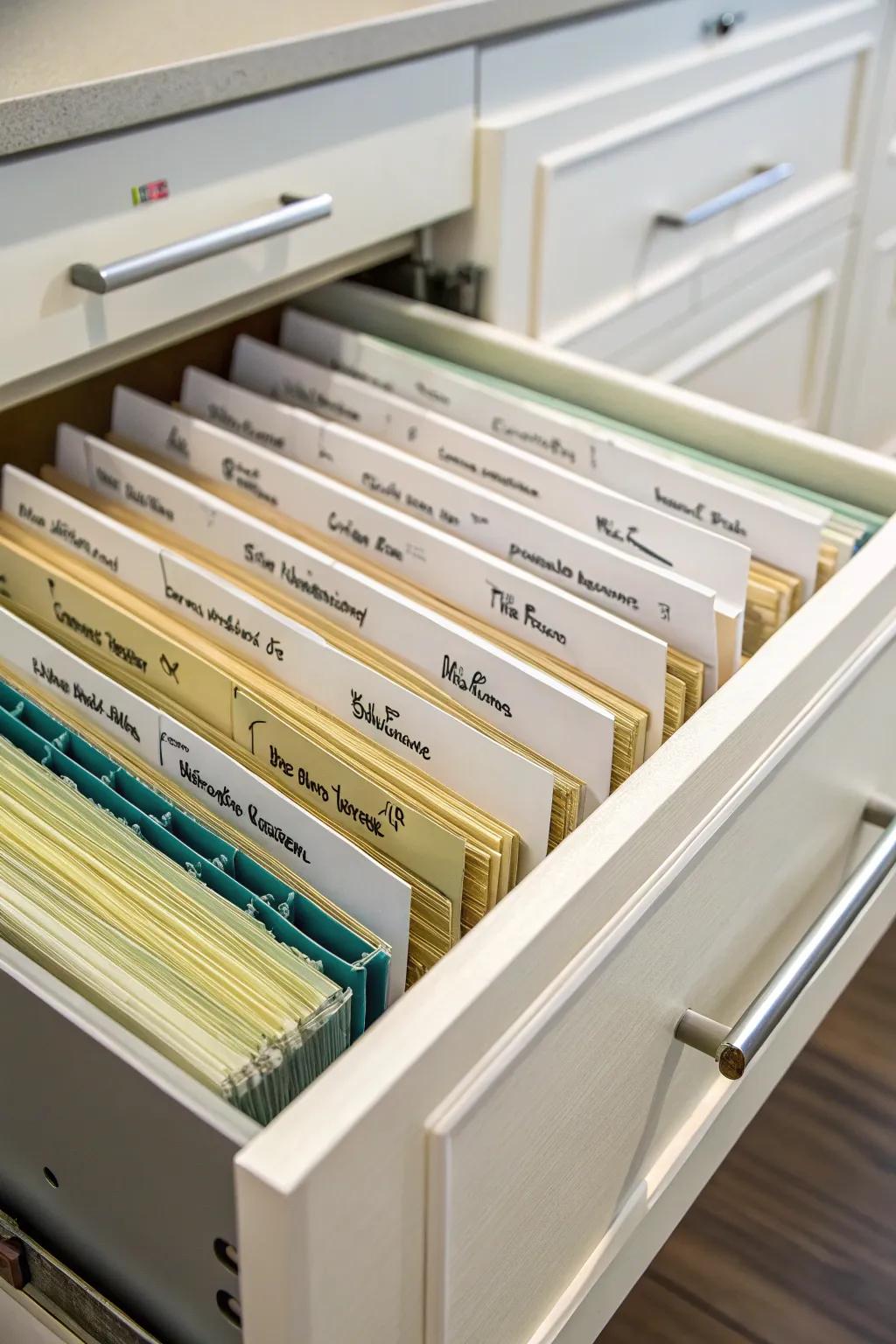 Hanging folders offer an orderly solution for maintaining organized papers.