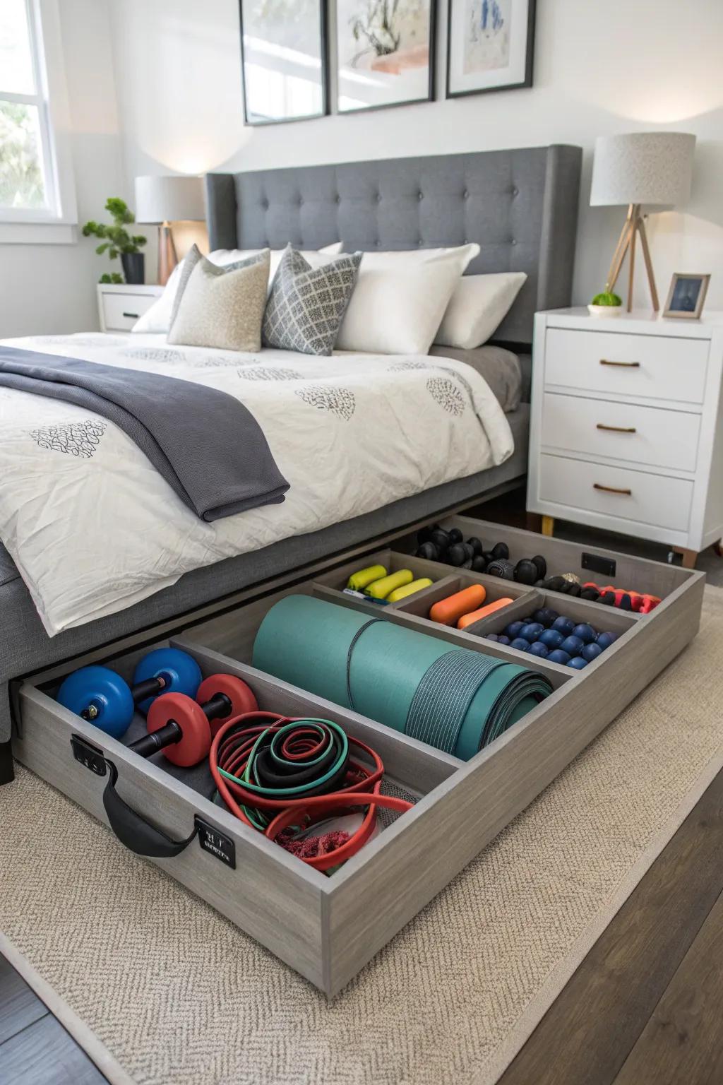Under-bed storage containers provide a clever means to conceal gym items.