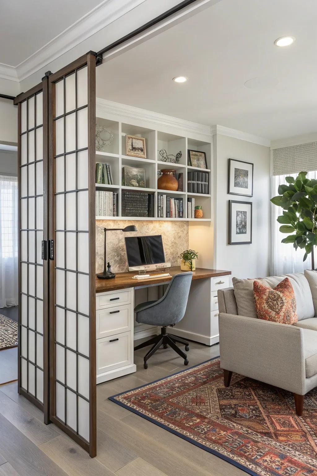 Room dividers stylishly distinguish between work and leisure areas in a home office.