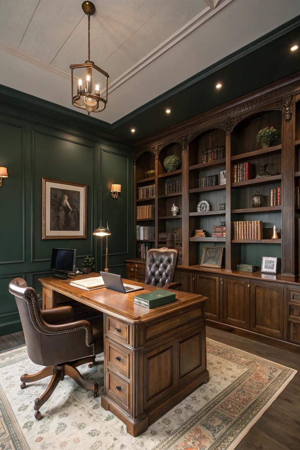 Deep forest walls deliver a striking and calming setting within this personal office.