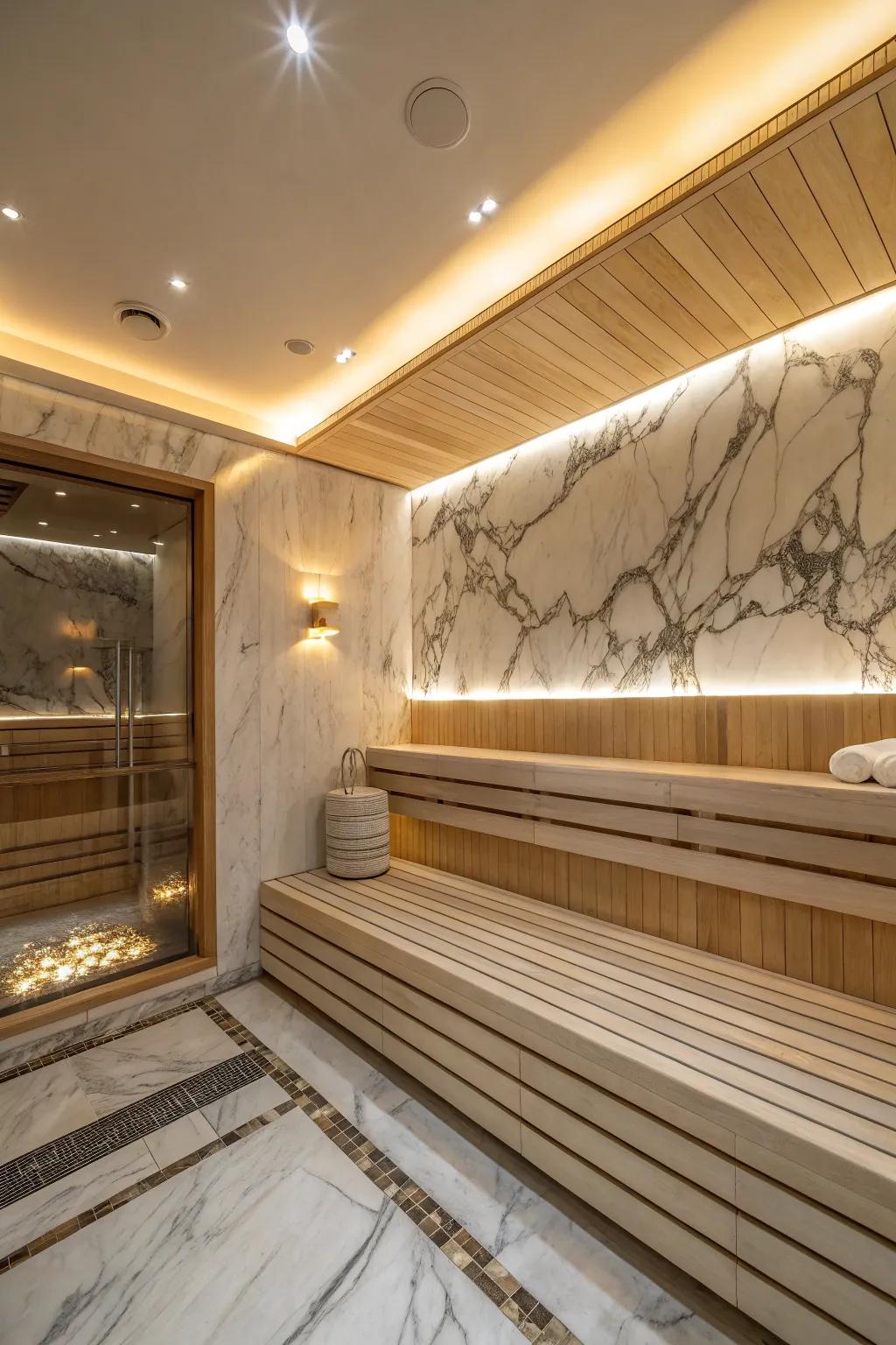 Luxury finishes transform this sauna into an opulent escape.