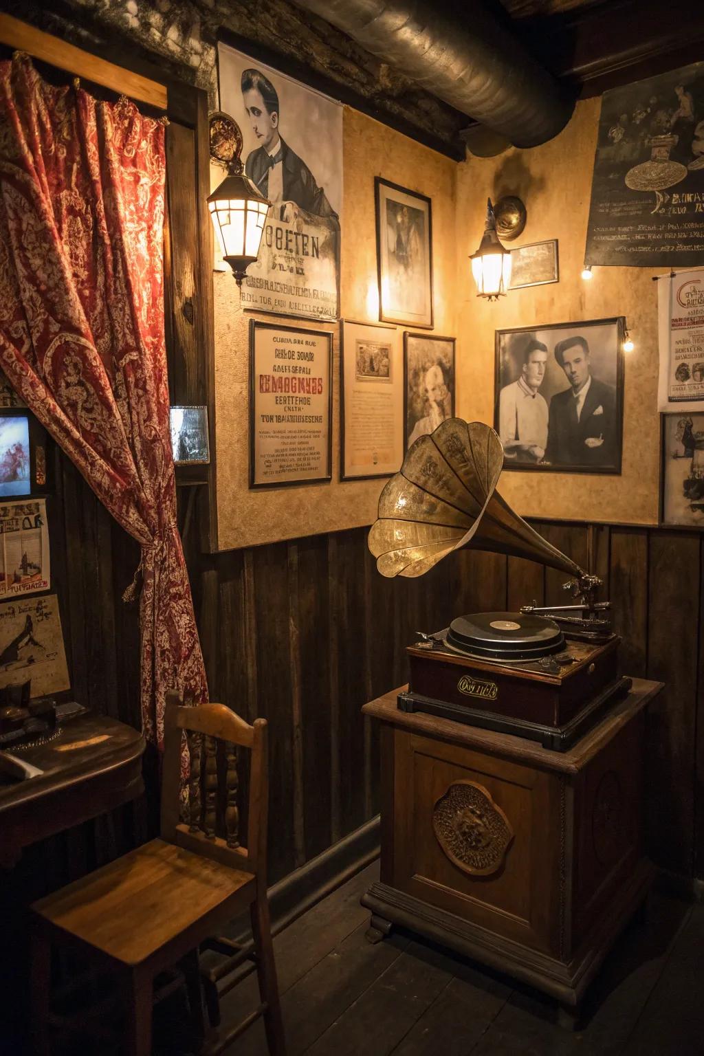 An old-time phonograph brings genuine sound to your speakeasy.