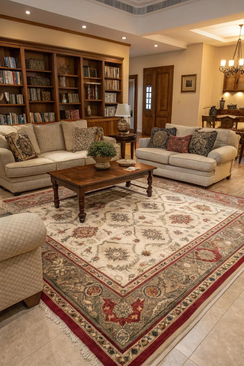 A carpet fabricates an inviting and distinct seating space.