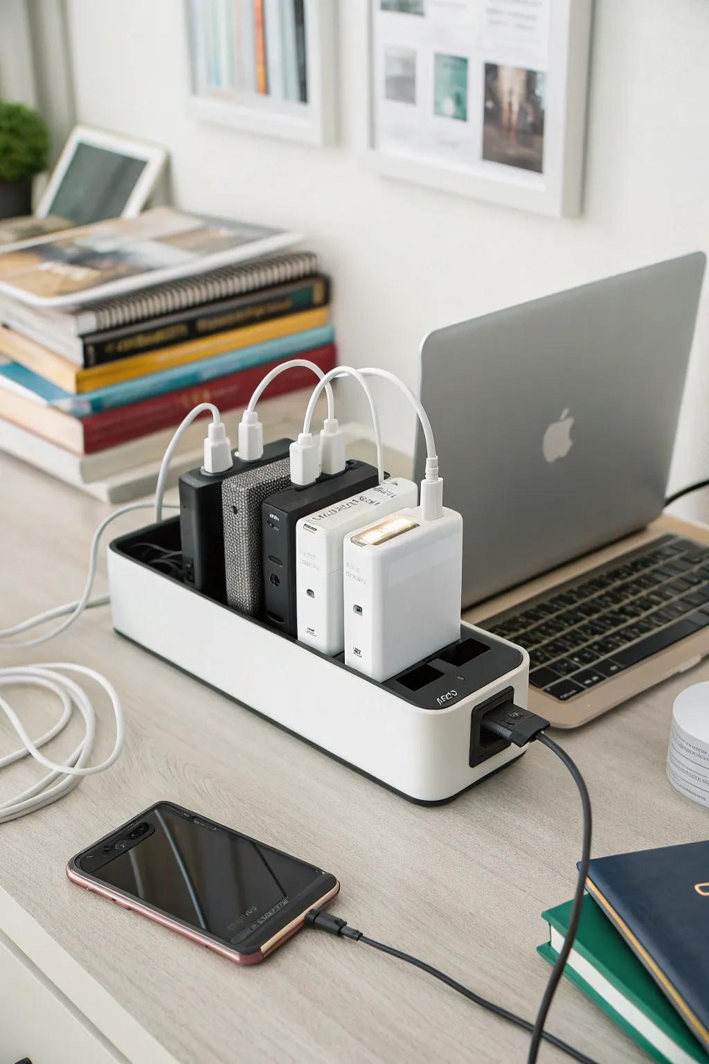 A charging station keeps gadgets organized and charged.