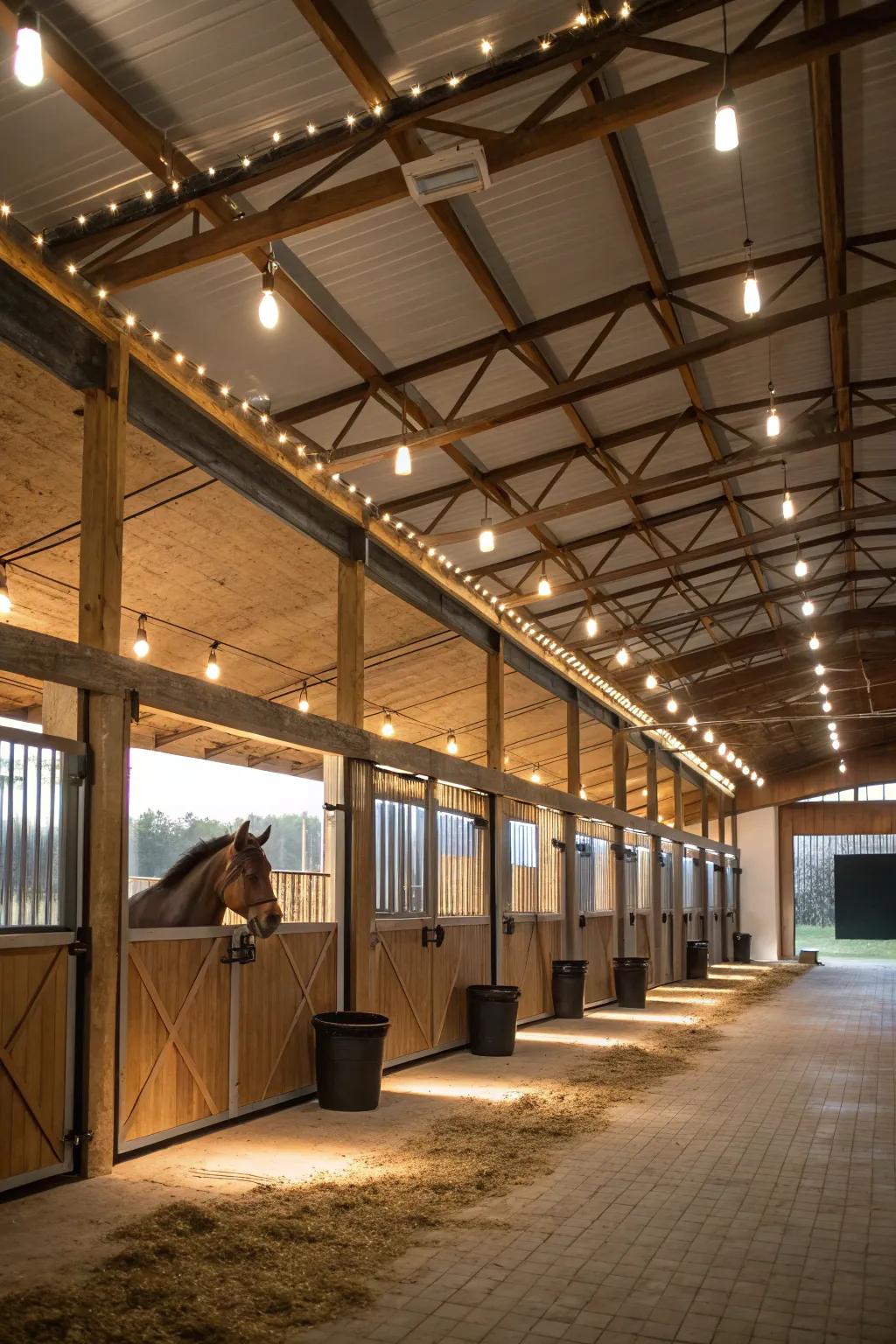 Exposed beams with integrated lighting add rustic charm to the barn.
