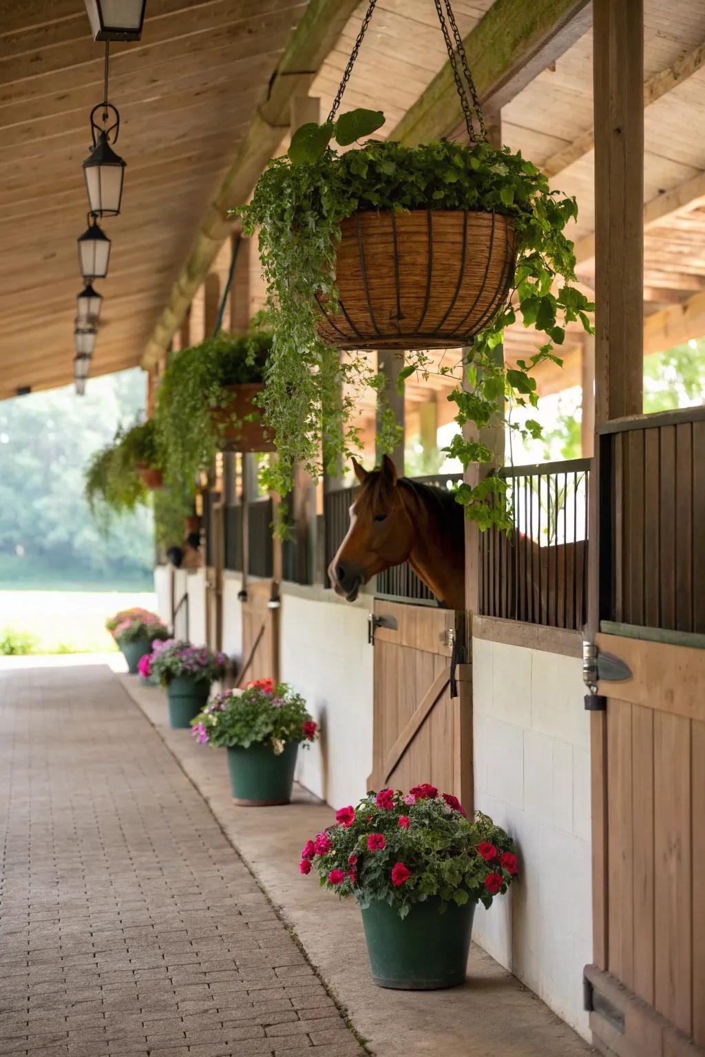 Botanical accents enrich the stall with vitality and vibrancy.