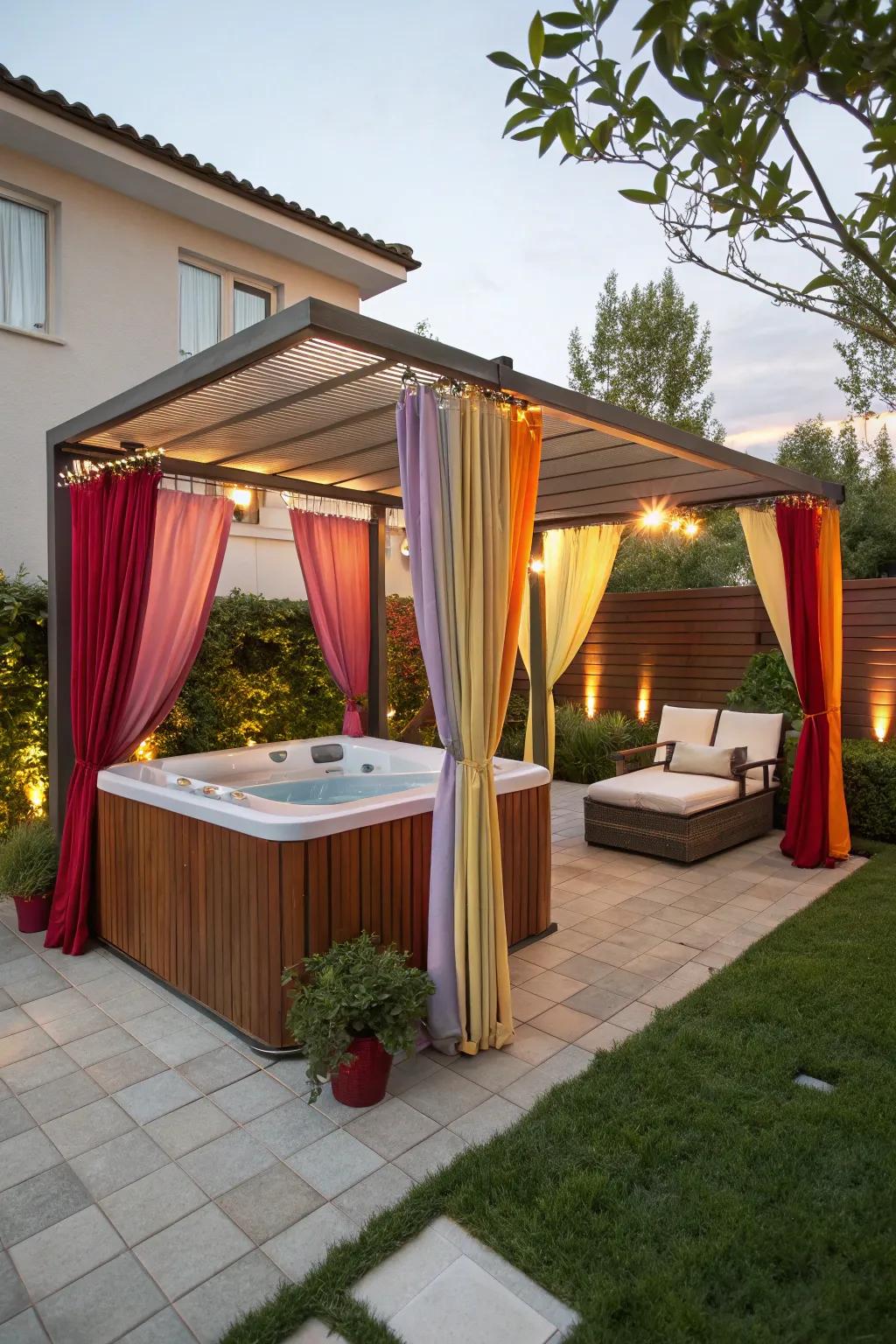 Vibrant cloths provide privacy and a splash of color.