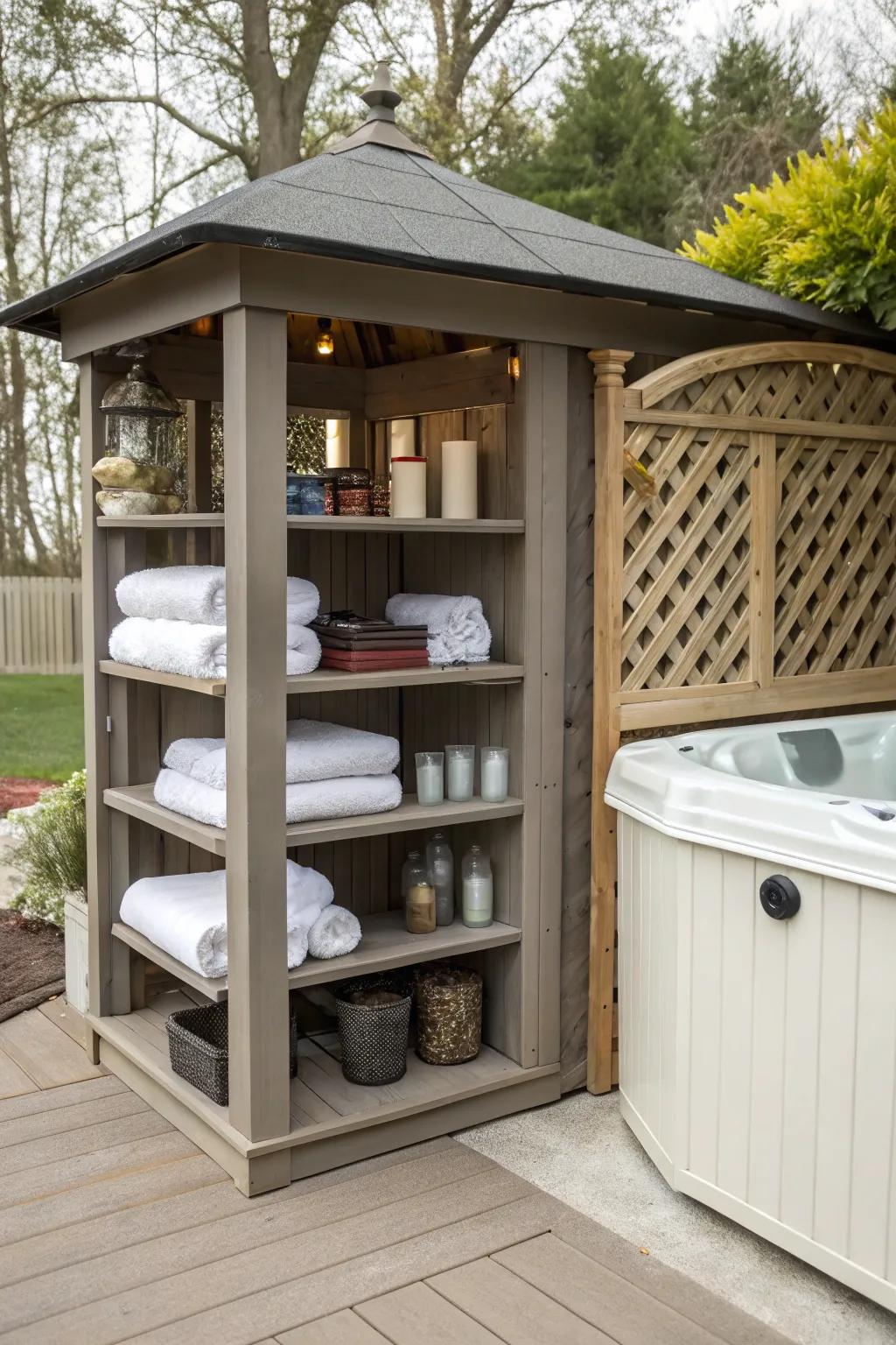 Functional storage seamlessly integrated into the gazebo's design.
