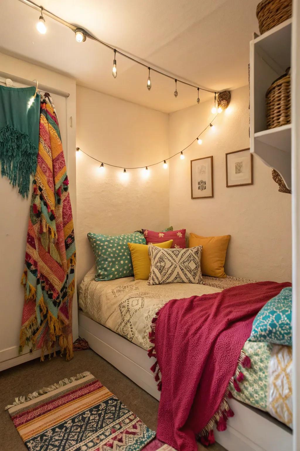 Lively throw pillows and a throw blanket deepen the appeal of this small bedroom.