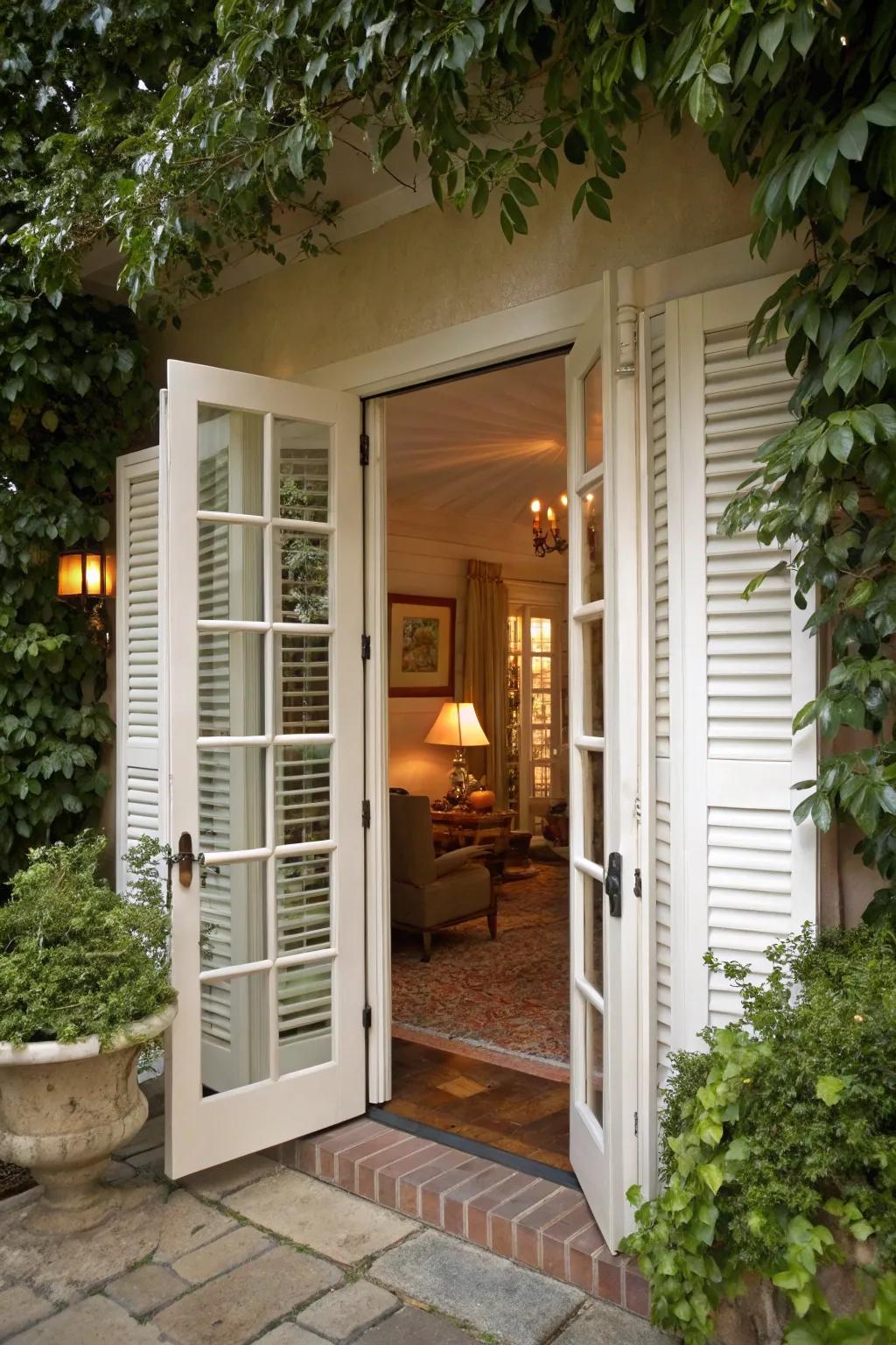 Plantation shutters offer a classic and versatile option for French doors.