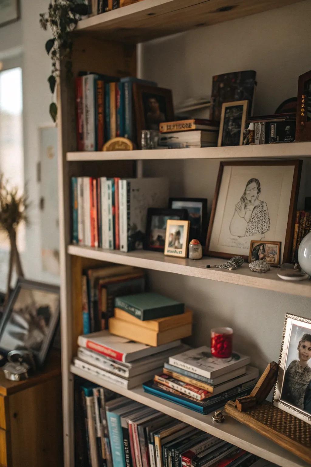 A bookshelf laden with individual mementos and keepsakes.